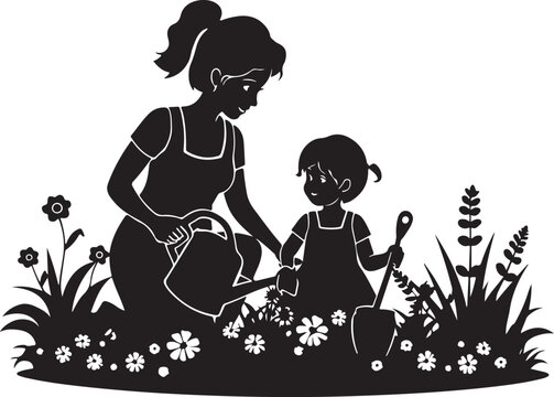 Silhouette of woman and child gardening, watering and flowers