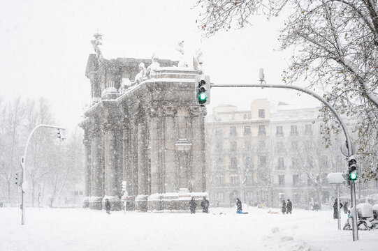 Alcala Gate during Storm Filomena in 2021 at Madrid, Spain