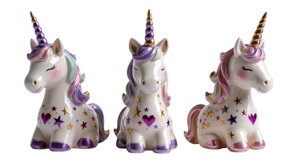 Three ceramic unicorns with purple and pink manes and golden horns © Lena