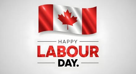 Fototapeta premium Canadian flag waving with Labour Day text banner on white background minimalist celebration