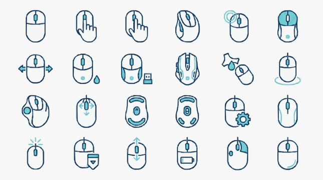 Industrial Style Set of Computer Mouse Icons Showing Various Functions and Actions in Blue and Black
