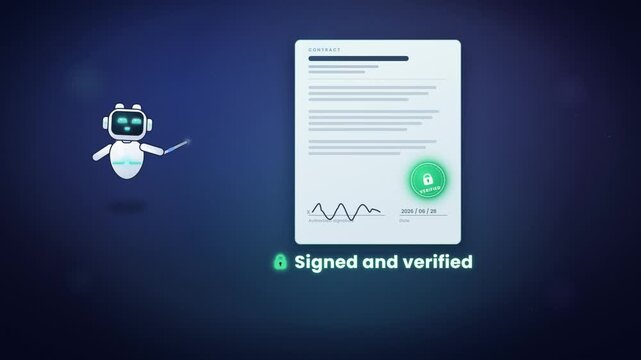AI robot assistant signing and verifying digital contract document with green approval seal