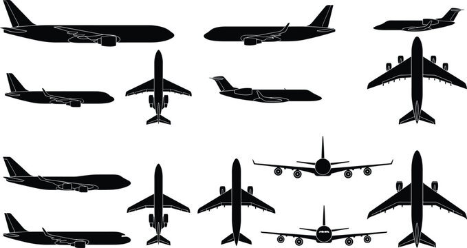 Airplane silhouettes set with commercial passenger jets and private aircraft icons isolated on white background vector illustration