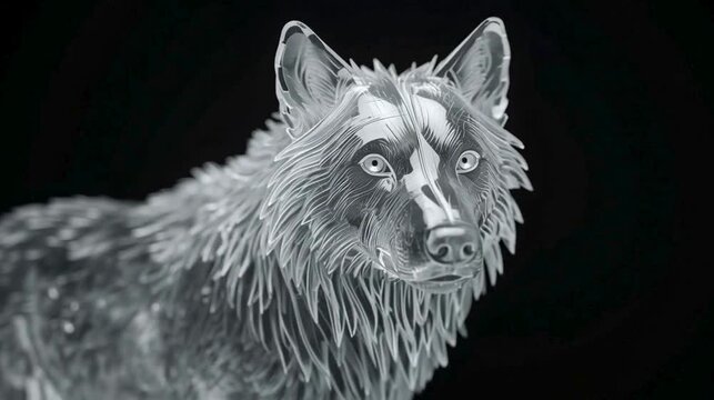 Ultra Detailed Glass Gray Wolf with Brilliant Reflections on a Dark Background