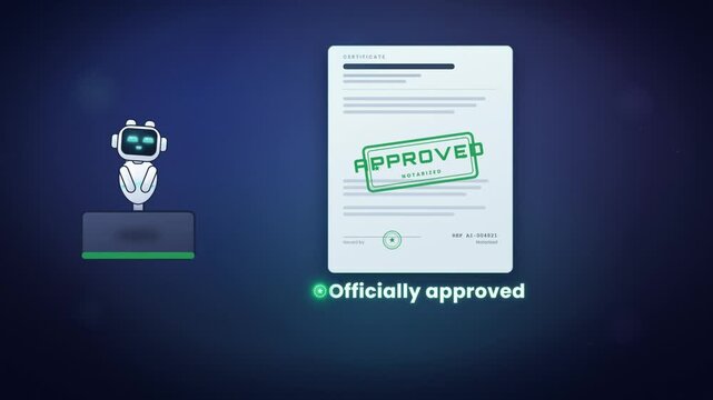 AI robot assistant approving official certificate document with notarized approval stamp on screen
