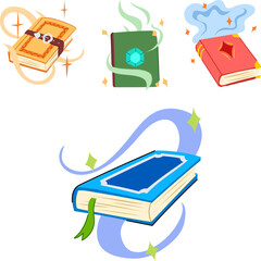 Naklejka premium Four magical books are illustrated with glowing effects, mystical smoke, emeralds, and decorative covers, creating a whimsical theme for fantasy and enchantment concepts