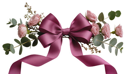 Pink roses and eucalyptus with a mauve ribbon bow © Lena