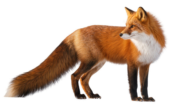 Red fox standing profile view with bushy tail