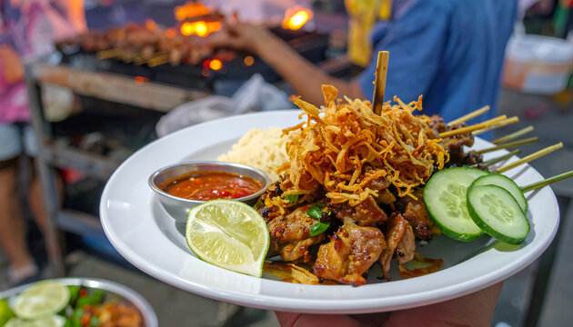 Delicious Chicken Satay Skewers Served with Spicy Peanut Sauce and Fresh Lime.