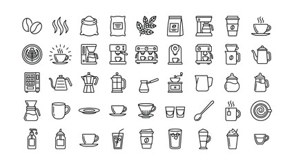 Fototapeta premium Comprehensive coffee shop drink and brewing equipment line icons collection perfect for cafe menus and web design elements