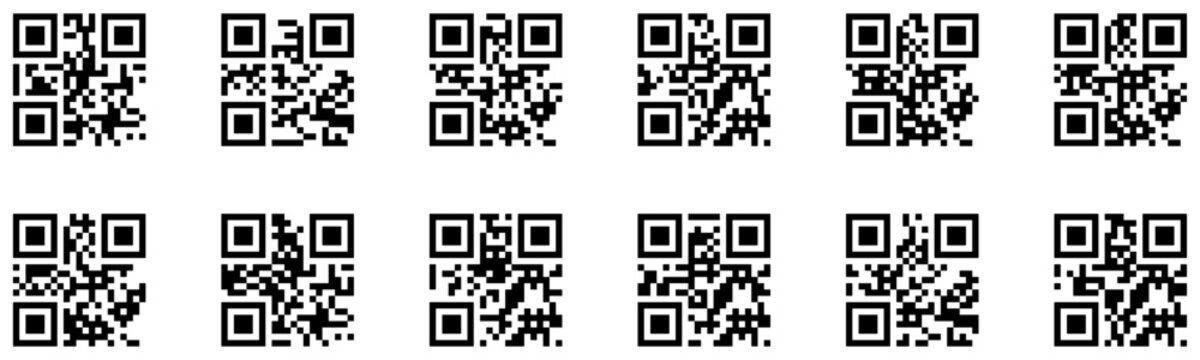 Collection of QR code icons in multiple unique style for mobile payment, barcode scanning, digital authentication, tickets, menus, apps, websites, packaging, and modern vector interface design.
