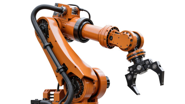 Orange industrial robotic arm with gripper
