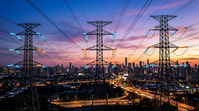 Dusk cityscape with power lines and towers