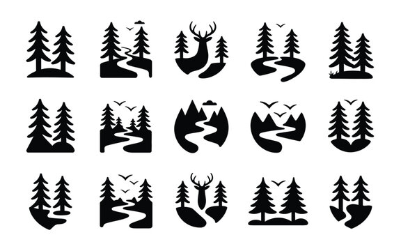 Pine trees and winding river landscape forest nature graphic vector.