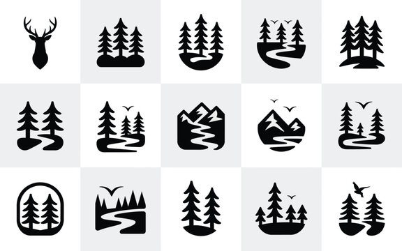 Deer head and pine trees forest nature silhouette graphic vector icon.