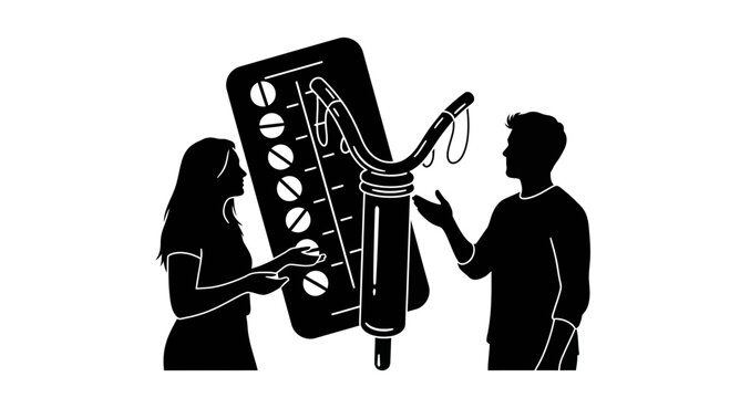 Black and white illustration of a couple discussing contraception methods.