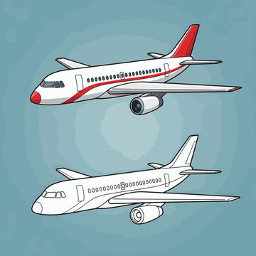 Vector illustration of two cartoon commercial jet airliners in profile, featuring one colored white and red aircraft and one uncolored line art version on a light blue background.