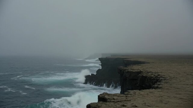 Forcing shore swell from left breaking waves against rock cliff, sending spray foam, copy space