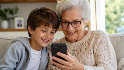 Fototapeta premium Grandmother And Grandson Smiling At Smartphone On Living Room Sofa