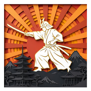 Samurai Warrior with Katana and Pagoda Paper Cut Style
