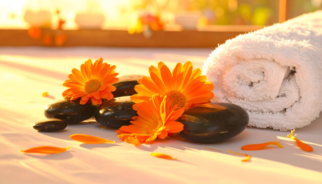 Serene Spa Setting with Hot Stones and Orange Flowers.