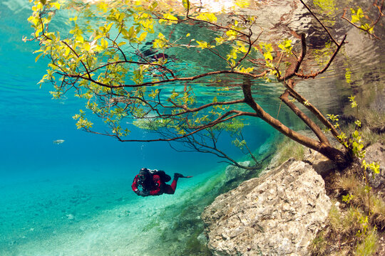 Austria, Styra, Tragoess, Green Lake, Diver