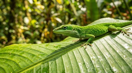 Fototapeta premium Green lizard, tropical reptile, wildlife creature, jungle animal, leafy habitat