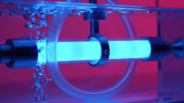 Ultraviolet UV water sterilization system glowing blue in laboratory experiment.