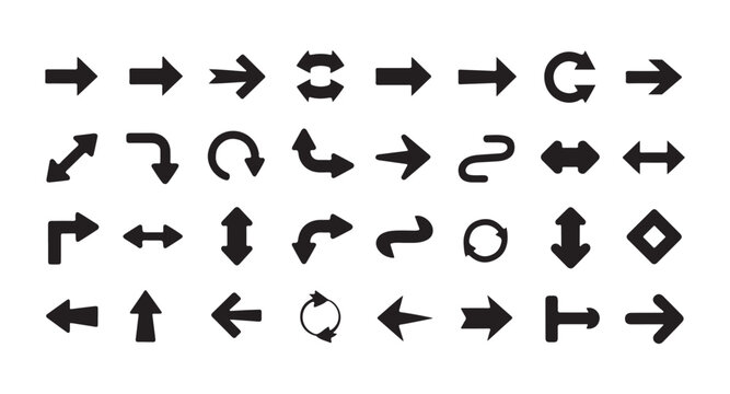 Solid black bold vector arrows set featuring various directions and geometric shapes on grey grid.