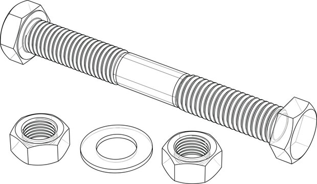 Technical line drawing of industrial metal fastener double end stud bolt with hex nuts and washer