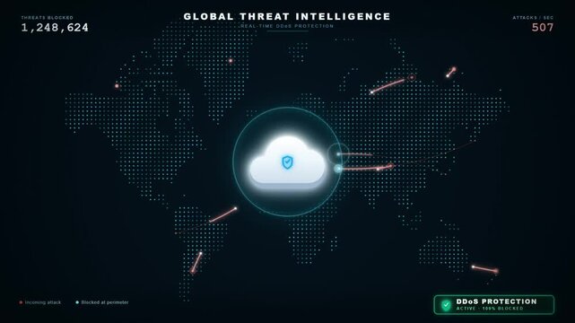 Global cybersecurity threat intelligence map with cloud blocking incoming cyber attacks worldwide