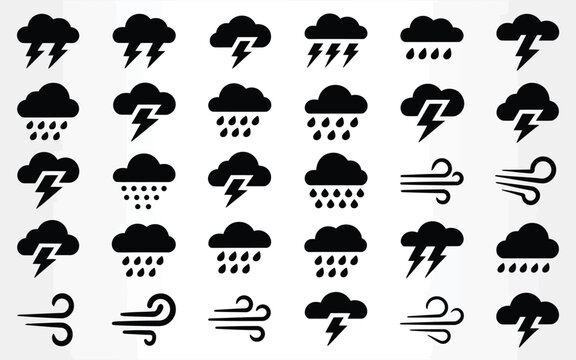 Black weather forecast icons cloud with lightning thunderbolt rain and wind flat style.