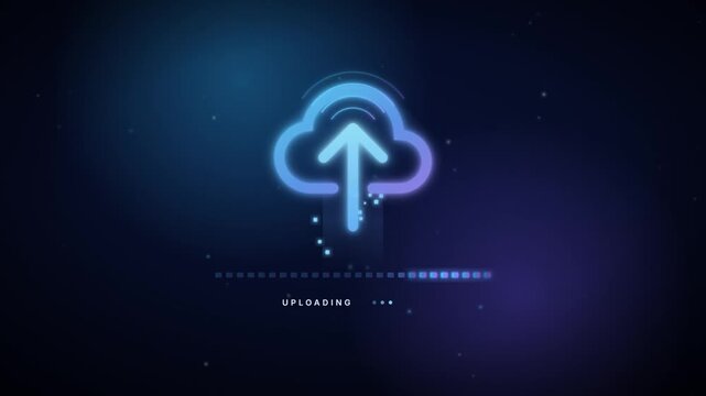 Cloud upload animation with glowing neon cloud icon arrow and progress loading bar