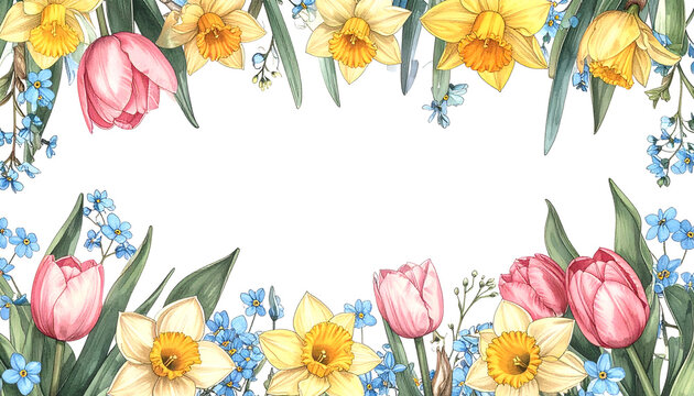 Beautiful Watercolor Spring Floral Border with Tulips and Daffodils.