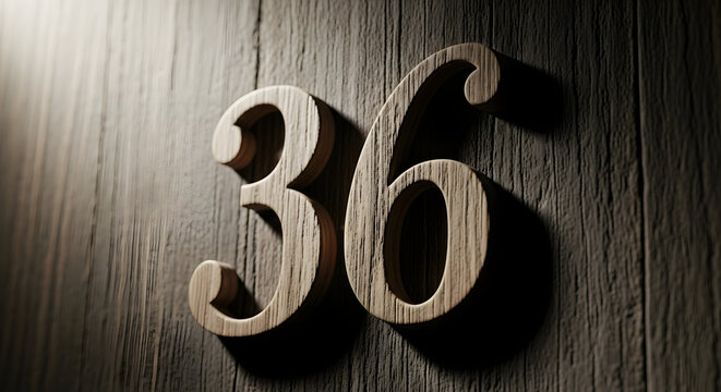 3d render of the number 36 made of wood on a dark wooden background