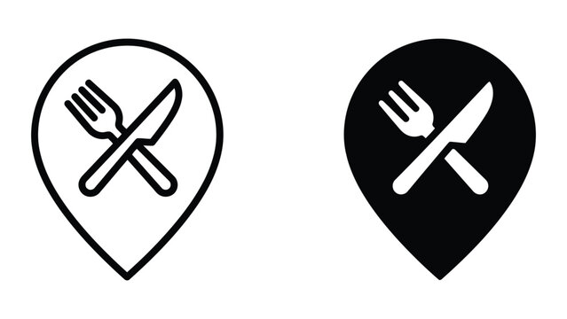 Restaurant location pin icon set featuring fork and knife crossed inside map marker for dining services and food navigation in clean flat vector graphic style isolated on white background