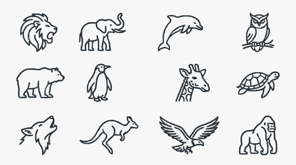 Fototapeta premium Corporate Minimalist Black and White Line Art Animal Icons Set 12 Unique Wildlife Illustrations for Presentations Logos and Branding