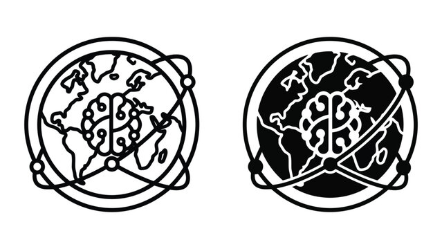 Global brain network connection icon set showing earth globe and human brain neural pathways for artificial intelligence and worldwide knowledge sharing concepts in black and white vector style