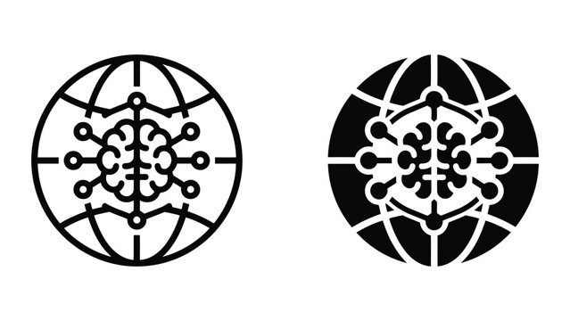 Global artificial intelligence data hub icon set with brain and network nodes on world globe for smart data processing and machine learning technology in clean minimalist vector graphic style