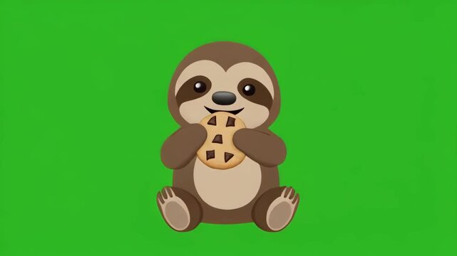Cute sloth eating pizza in cinematic motion against green screen for commercial use