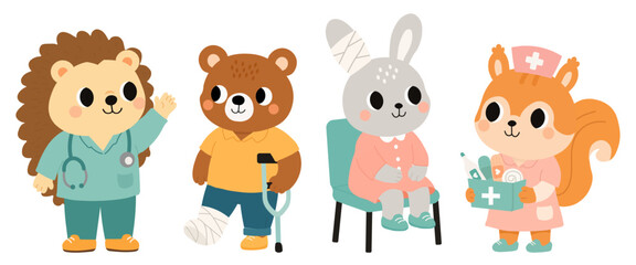 Obraz premium Cute animal doctors set. Animal hospital staff with hedgehog doctor and squirrel nurse treating injured bear, rabbit patients for pediatric medical clinic poster and educational healthcare graphics