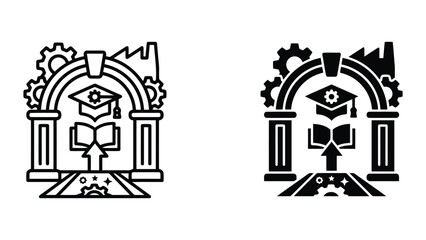 Fototapeta premium Graduation cap and open book under archway with industrial gear elements icon set in outline and solid style for vocational training institutions and industrial education centers branding