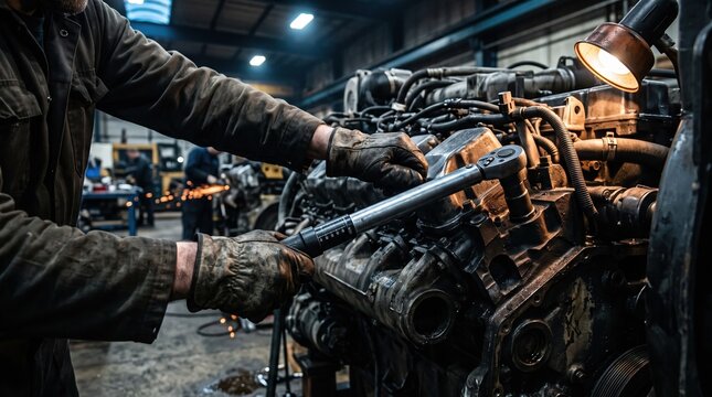 Professional car mechanic hands using a torque wrench to repair a powerful diesel car engine in a dark gritty garage workshop
