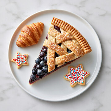 Berry Pie, Croissant and Patriotic Cookies on White Plate