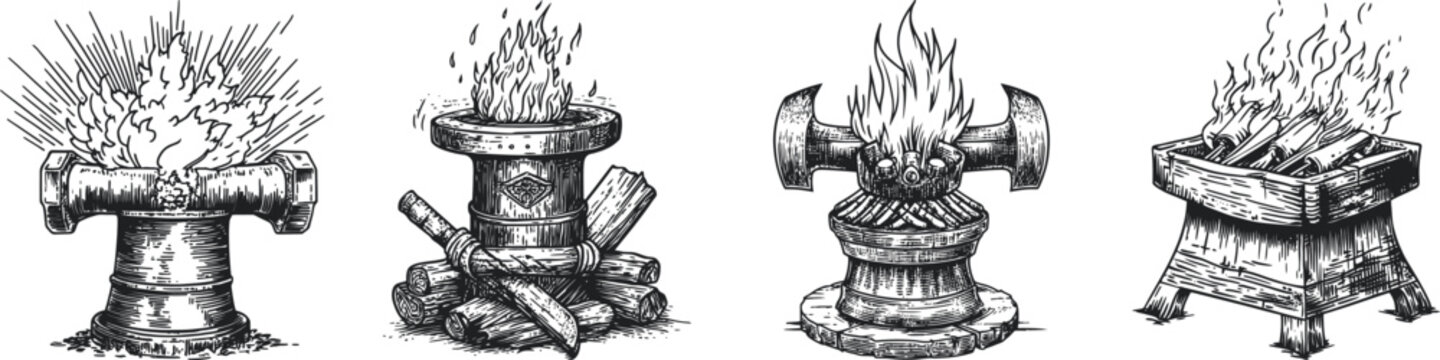 This image features four different outdoor fire pits, each with flames and burning wood logs, perfect for outdoor gatherings, camping, and creating cozy outdoor environments.