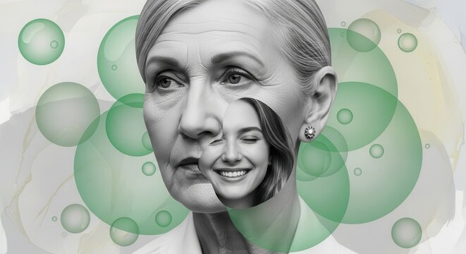 Woman with youthful face emerging from older self. Concept of anti aging and skincare.