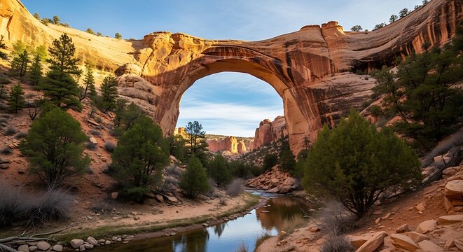 Natural stone arch over flowing river in desert canyon.