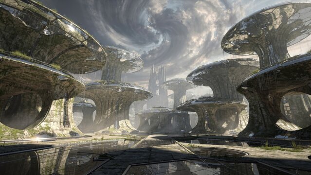 Epic surreal ruins: Fantasy architecture overtaken by nature in a misty valley.