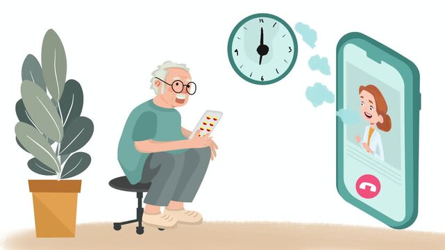 Flat vector illustration of an elderly man holding a pill bottle and video calling a female doctor on a phone. Concept of online pharmacy, medicine consultation, and digital healthcare service.