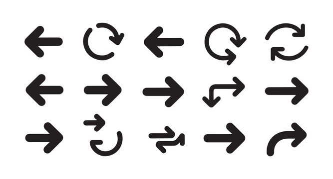 Collection of black arrow icons with rounded caps for web design and presentation on isolated layers.